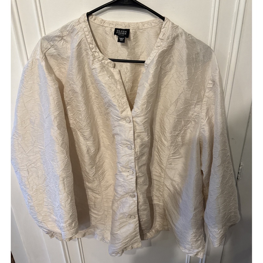 Eileen Fisher Woman Silk Blouse 2xl Crinkle Style Blouson Sleeves Beautiful